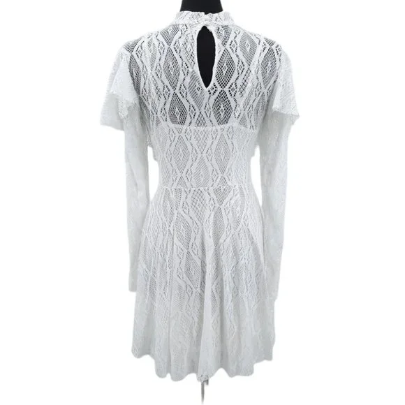 NEW Free People Creamy White Lace Rock Candy Mock Neck Dress M Ruffles Mini - Picture 8 of 12